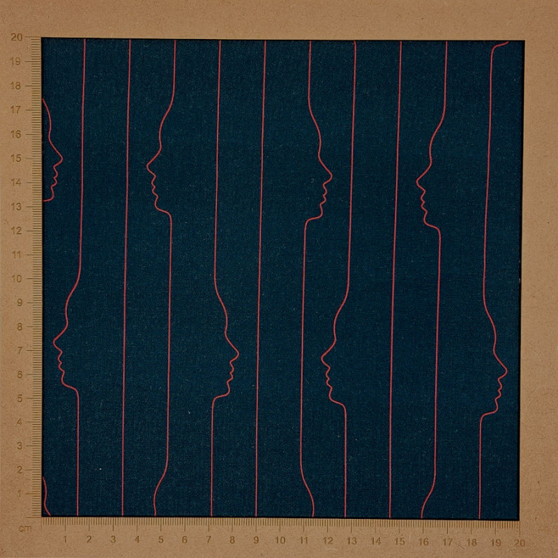 Popeline de viscose bleu foncé avec lignes de visages rouges Popeline de viscose bleu foncé avec lignes de visages rouges