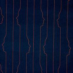 Popeline de viscose bleu foncé avec lignes de visages rouges